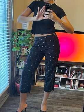 Black linen embroidered floral capri trousers, VTG